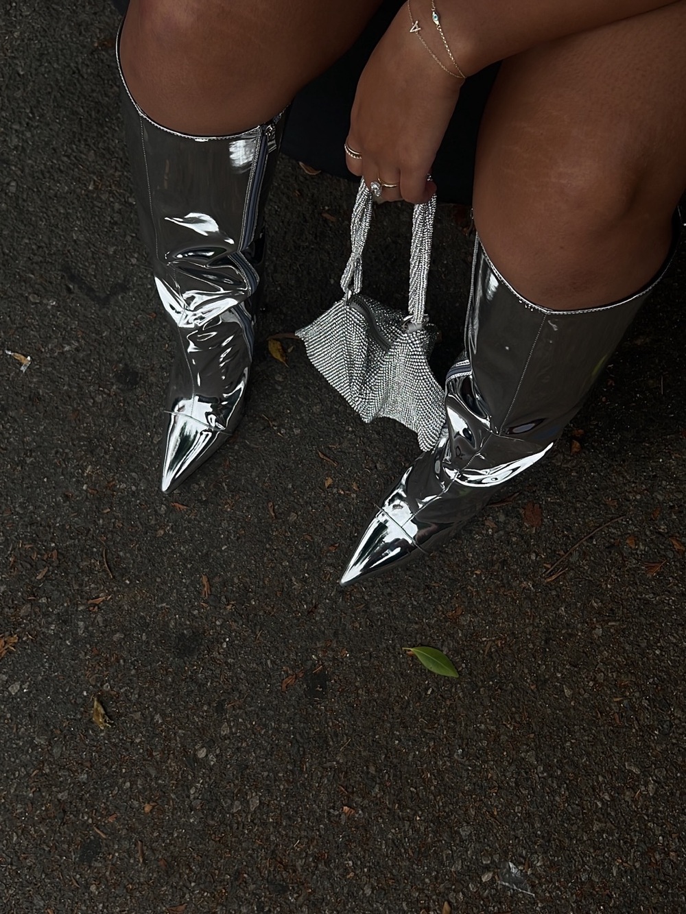 Metallic Silver Pointed Toe Knee-High Stiletto Boots - Picture 2 of 2